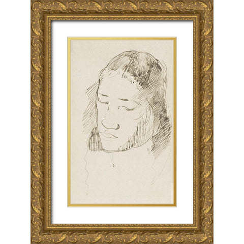 Head of a Tahitian Woman Gold Ornate Wood Framed Art Print with Double Matting by Gauguin, Paul