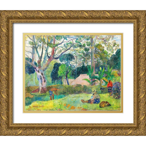 The Big Tree Gold Ornate Wood Framed Art Print with Double Matting by Gauguin, Paul