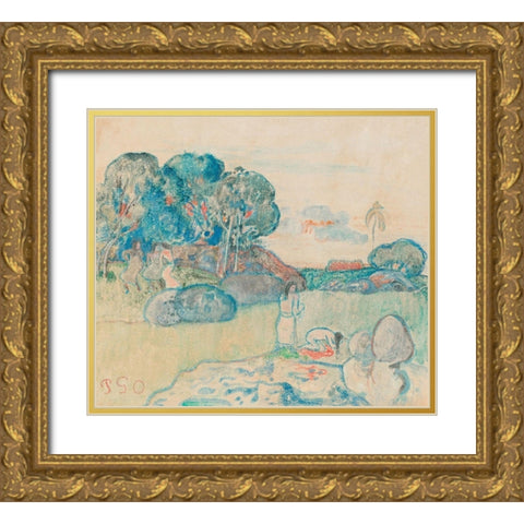 Tahitian Landscape Gold Ornate Wood Framed Art Print with Double Matting by Gauguin, Paul