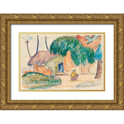 Tahitian Hut Gold Ornate Wood Framed Art Print with Double Matting by Gauguin, Paul