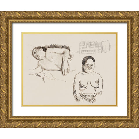 Two Tahitian Women and a Marquesan Earplug Gold Ornate Wood Framed Art Print with Double Matting by Gauguin, Paul