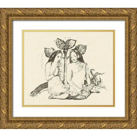 Two Sitting Maori Women Gold Ornate Wood Framed Art Print with Double Matting by Gauguin, Paul