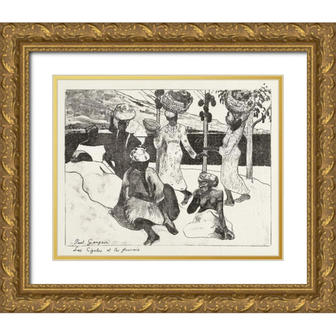 Seven Women on the Water in Martinique Gold Ornate Wood Framed Art Print with Double Matting by Gauguin, Paul