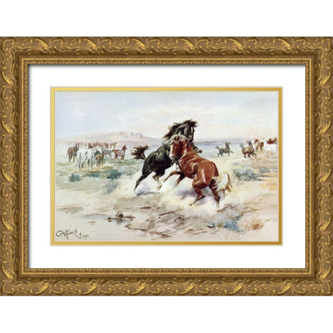 The Challenge Gold Ornate Wood Framed Art Print with Double Matting by Russell, Charles Marion
