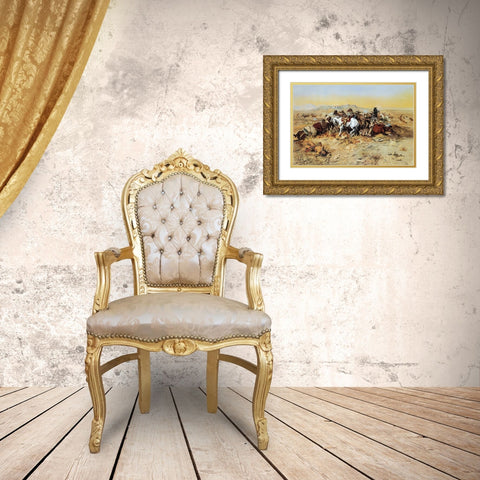 A Desperate Stand Gold Ornate Wood Framed Art Print with Double Matting by Russell, Charles Marion
