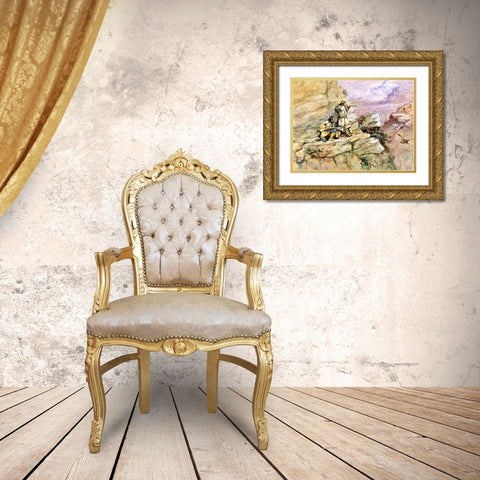 Hunting Big Horn Sheep Gold Ornate Wood Framed Art Print with Double Matting by Russell, Charles Marion