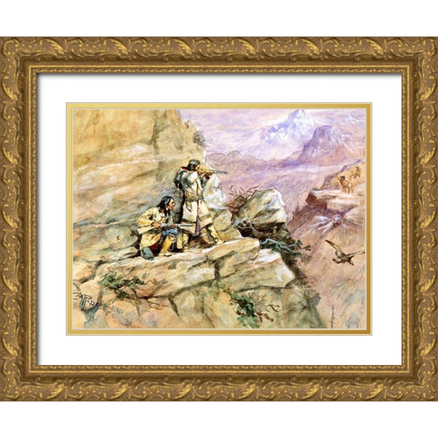 Hunting Big Horn Sheep Gold Ornate Wood Framed Art Print with Double Matting by Russell, Charles Marion