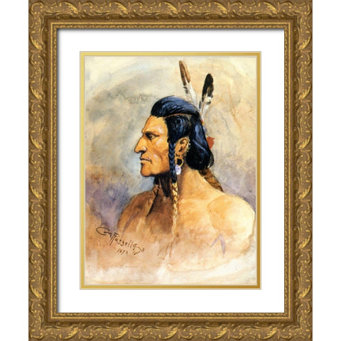 Indian Brave Gold Ornate Wood Framed Art Print with Double Matting by Russell, Charles Marion