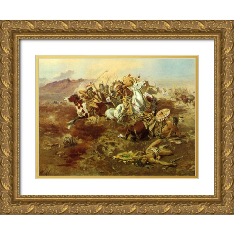 Indian Fight Gold Ornate Wood Framed Art Print with Double Matting by Russell, Charles Marion