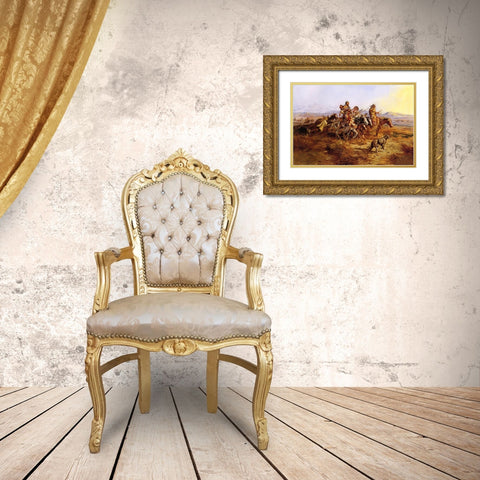 Indian Women Moving Gold Ornate Wood Framed Art Print with Double Matting by Russell, Charles Marion