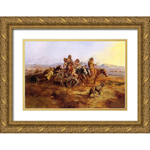 Indian Women Moving Gold Ornate Wood Framed Art Print with Double Matting by Russell, Charles Marion