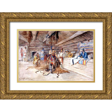Joe Kipps Trading Post Gold Ornate Wood Framed Art Print with Double Matting by Russell, Charles Marion