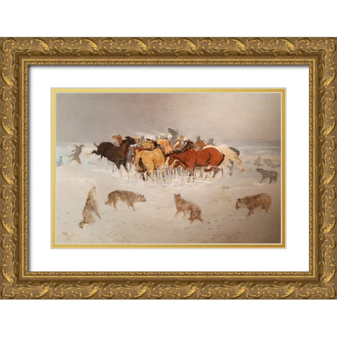 Flying hoofs Gold Ornate Wood Framed Art Print with Double Matting by Russell, Charles Marion
