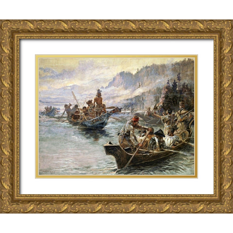 Lewis and clark expedition Gold Ornate Wood Framed Art Print with Double Matting by Russell, Charles Marion