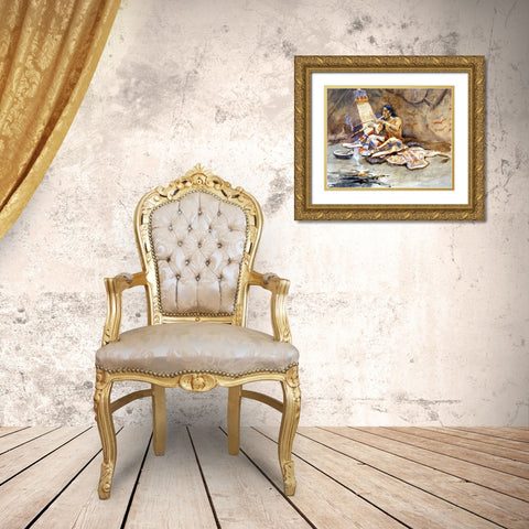 The Peace Pipe Gold Ornate Wood Framed Art Print with Double Matting by Russell, Charles Marion