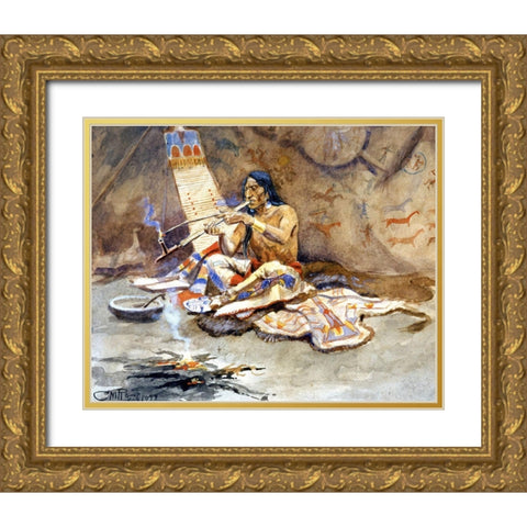 The Peace Pipe Gold Ornate Wood Framed Art Print with Double Matting by Russell, Charles Marion