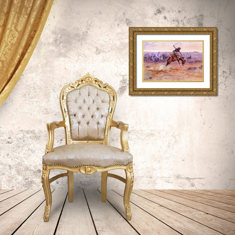 Bucking Bronco Gold Ornate Wood Framed Art Print with Double Matting by Russell, Charles Marion