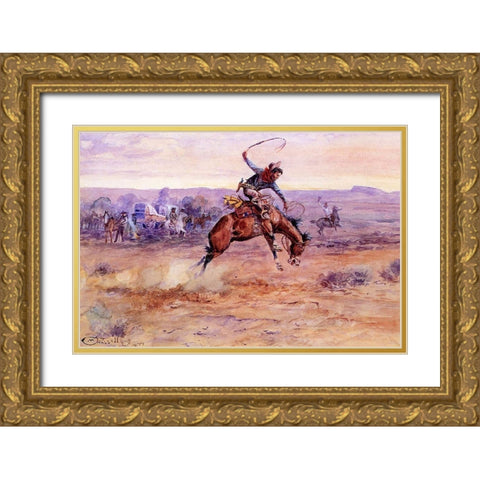 Bucking Bronco Gold Ornate Wood Framed Art Print with Double Matting by Russell, Charles Marion