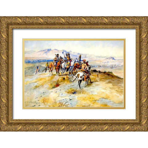 The Coming of the White Man Gold Ornate Wood Framed Art Print with Double Matting by Russell, Charles Marion