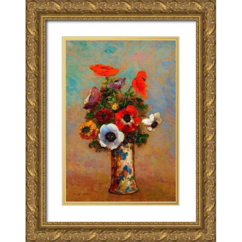 Les Anemones,Still Life with Anemones Gold Ornate Wood Framed Art Print with Double Matting by Redon, Odilon