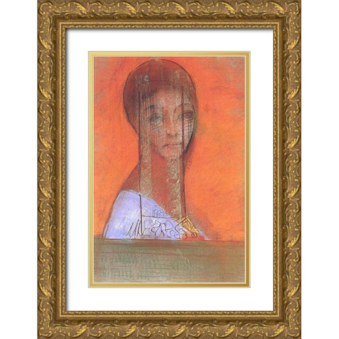 Woman with veil Gold Ornate Wood Framed Art Print with Double Matting by Redon, Odilon