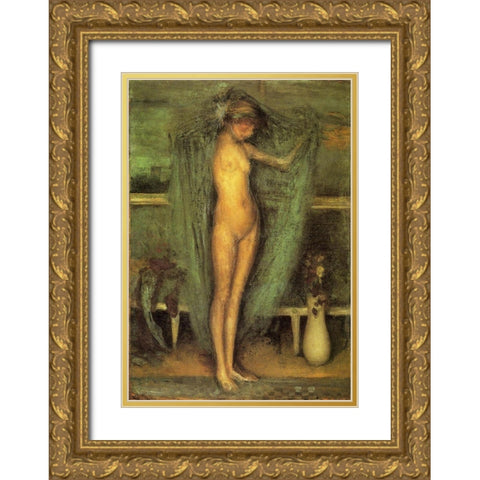 Harmony in Blue and Gold, The Little Blue Girl Gold Ornate Wood Framed Art Print with Double Matting by Whistler, James McNeill