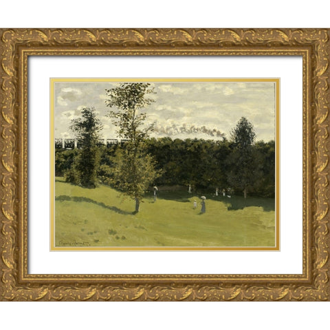 Train in the Countryside Gold Ornate Wood Framed Art Print with Double Matting by Monet, Claude