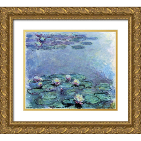 WATER LILIES NYMPHEAS Gold Ornate Wood Framed Art Print with Double Matting by Monet, Claude