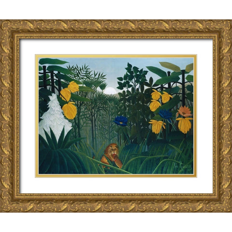 The Repast of the Lion 1907 Gold Ornate Wood Framed Art Print with Double Matting by Rousseau, Henri