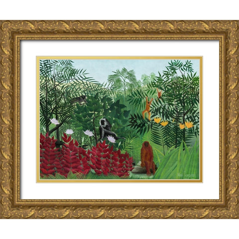 Tropical Forest with Monkeys 1910 Gold Ornate Wood Framed Art Print with Double Matting by Rousseau, Henri