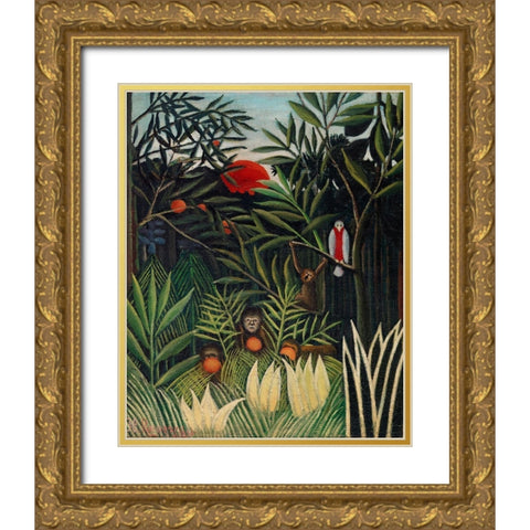 Monkeys and Parrot in the Virgin Forest 1906 Gold Ornate Wood Framed Art Print with Double Matting by Rousseau, Henri