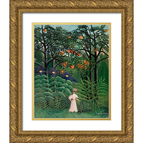 Woman Walking in an Exotic Forest Gold Ornate Wood Framed Art Print with Double Matting by Rousseau, Henri