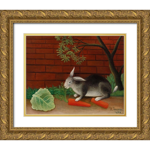 The Rabbits Meal 1908 Gold Ornate Wood Framed Art Print with Double Matting by Rousseau, Henri