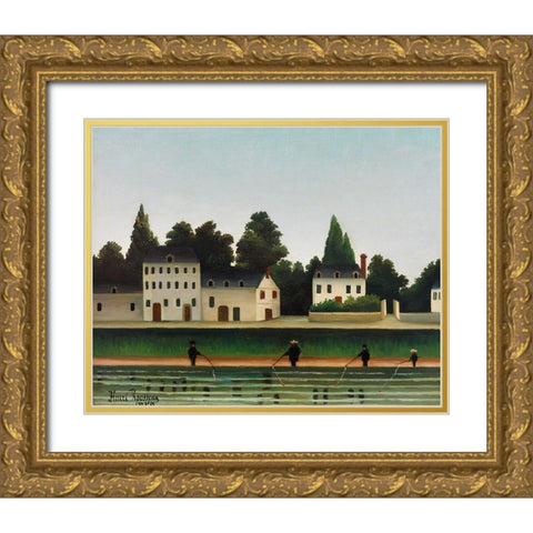 Landscape and Four Fisherman Gold Ornate Wood Framed Art Print with Double Matting by Rousseau, Henri