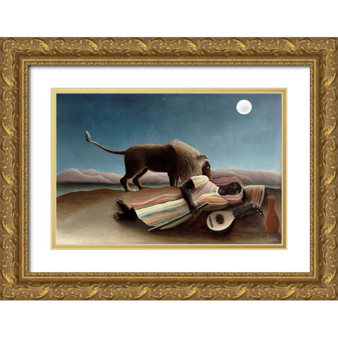 The Sleeping Gypsy Gold Ornate Wood Framed Art Print with Double Matting by Rousseau, Henri
