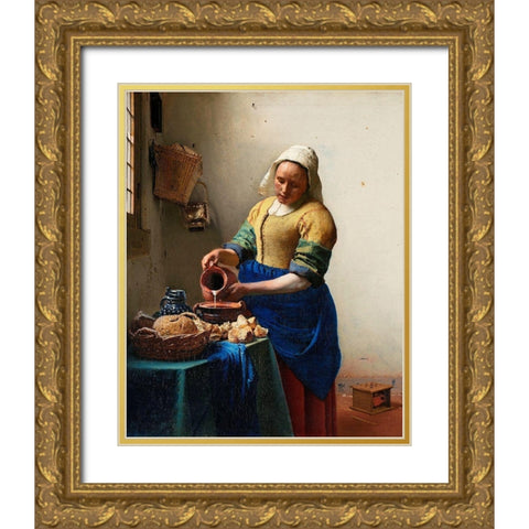 The Milkmaid Gold Ornate Wood Framed Art Print with Double Matting by Vermeer, Johannes