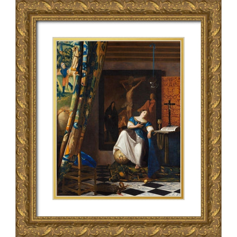 Allegory of the Catholic Faith Gold Ornate Wood Framed Art Print with Double Matting by Vermeer, Johannes