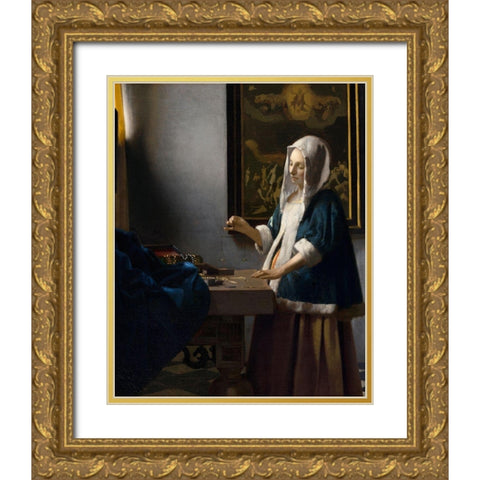 Woman Holding a Balance Gold Ornate Wood Framed Art Print with Double Matting by Vermeer, Johannes
