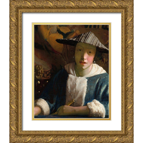 Girl with a Flute Gold Ornate Wood Framed Art Print with Double Matting by Vermeer, Johannes