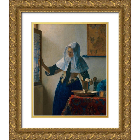 Young Woman with a Water Pitcher Gold Ornate Wood Framed Art Print with Double Matting by Vermeer, Johannes