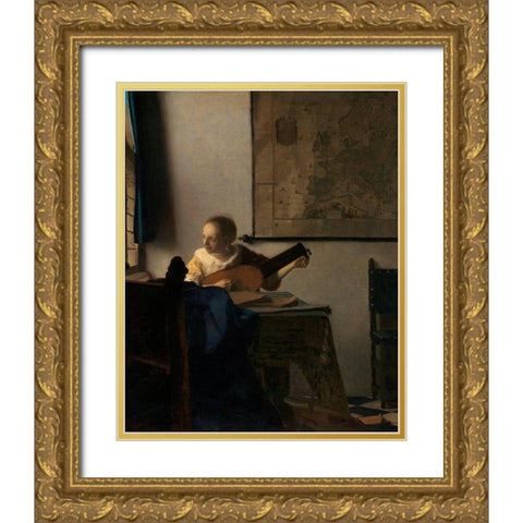 Young Woman with a Lute Gold Ornate Wood Framed Art Print with Double Matting by Vermeer, Johannes