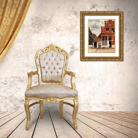The Little Street Gold Ornate Wood Framed Art Print with Double Matting by Vermeer, Johannes
