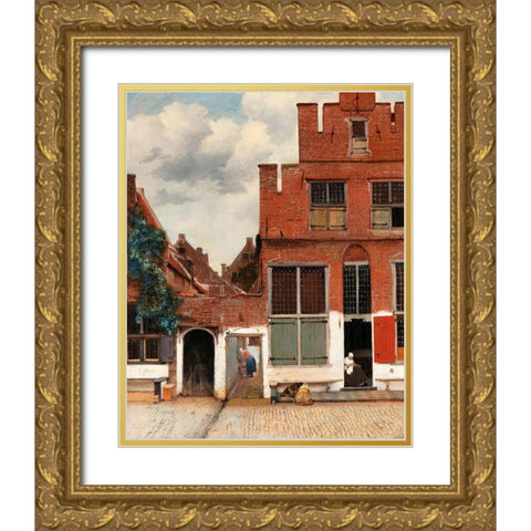 The Little Street Gold Ornate Wood Framed Art Print with Double Matting by Vermeer, Johannes