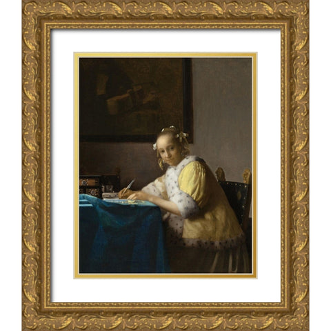 A Lady Writing a Letter Gold Ornate Wood Framed Art Print with Double Matting by Vermeer, Johannes