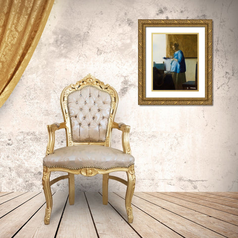 Woman Reading a Letter Gold Ornate Wood Framed Art Print with Double Matting by Vermeer, Johannes