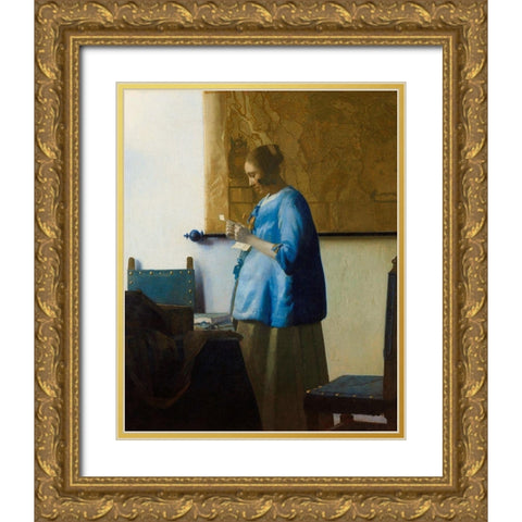 Woman Reading a Letter Gold Ornate Wood Framed Art Print with Double Matting by Vermeer, Johannes