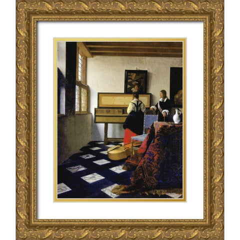 The Music Lesson Gold Ornate Wood Framed Art Print with Double Matting by Vermeer, Johannes