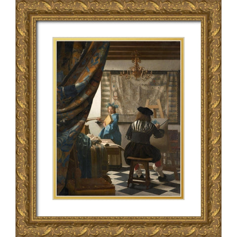 The Art of Painting Gold Ornate Wood Framed Art Print with Double Matting by Vermeer, Johannes