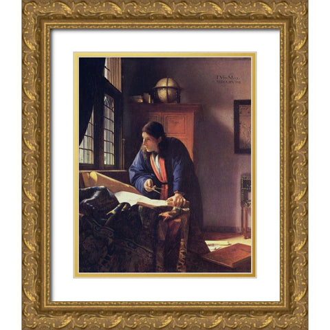 The Geographer Gold Ornate Wood Framed Art Print with Double Matting by Vermeer, Johannes