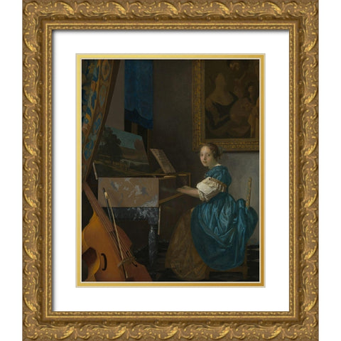 Lady Seated at a Virginal Gold Ornate Wood Framed Art Print with Double Matting by Vermeer, Johannes